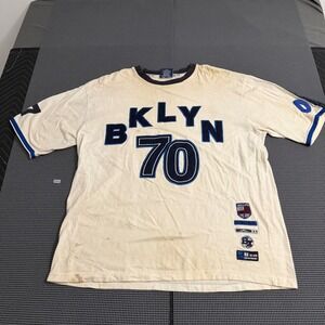Brooklyn Express NY 70 Mens T-Shirt Large Cream Blue Ringer Jersey Style Vintage